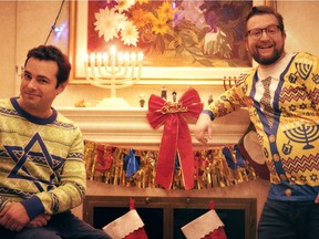 Jamie Elman, left, and Eli Batalion wrote, directed, produced and wear ugly sweaters in Merry Crisismukkah, their "gift to mankind."