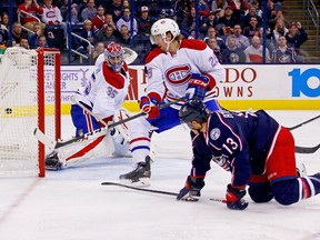 Cam Atkinson #13 of the Columbus Blue Jackets beats Jeff Petry #26 of the Montreal Canadiens and Al Montoya #35 of the for a goal during the second period on November 4, 2016 at Nationwide Arena in Columbus, Ohio.