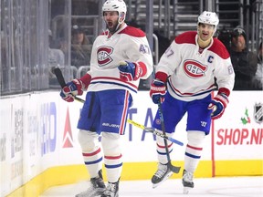 Canadiens' Alexander Radulov, left,  celebrates his power- play goal in front of Max Pacioretty to tie the score 3-3 with the Los Angeles Kings during the second period at Staples Center on Saturday, Dec. 4, 2016, in Los Angeles.