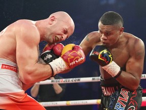 Eleider Alvarez, right,  fights Norbert Dabrowski during the main boxing event at the Montreal Casino on Saturday, Dec.10, 2016.
