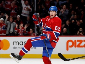 Canadiens' Artturi Lehkonen celebrates after scoring against Colorado Avalanche goalie Calvin Pickard during NHL action at the Bell Centre in Montreal on Saturday Dec. 10, 2016.