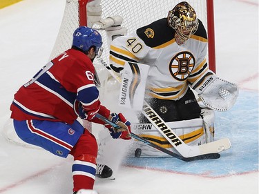 Montreal Canadiens left wing Max Pacioretty (67) tries to put puck past Boston Bruins goalie Tuukka Rask during first period NHL action in Montreal on Monday December 12, 2016.