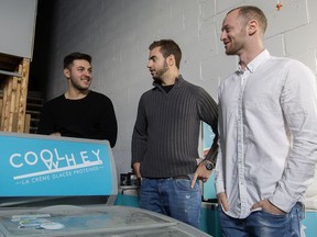 Dino Vassiliou, left, Benjamin Outmezguine and Noah Bernett, right, co-founders of CoolWhey, a company that makes protein ice cream, at their office in Ville St-Laurent, Friday December 16, 2016.
