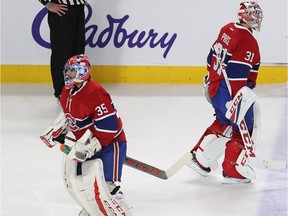 Canadiens goalie Carey Price, right, leaves the game in the second period and is replaced by Al Montoya against the San Jose Sharks, in Montreal on Friday Dec. 16, 2016.