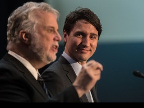 Premier Philippe Couillard and Prime Minister Justin Trudeau announced funding for higher education - specifically money for CEGEPs and university infrastructure at the Centre communautaire intergénérationnel in Outremont, on Friday, December 16, 2016.