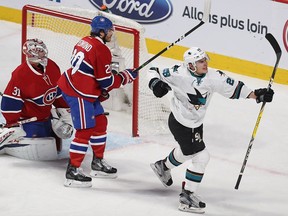 San Jose Sharks' Timo Meier celebrates his goal on Canadiens goalie Carey Price during first period NHL action in Montreal on Friday, Dec. 16, 2016.