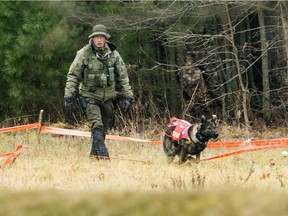 A police dog chases a ball as Sûreté Du Québec officers investigate the scene of a double homicide in a field in Vaudreuil-Dorion, Dec. 2, 2016.