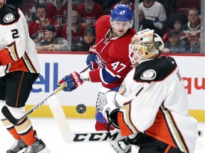 Canadiens' Alexander Radulov battles for a rebound against Ducks goalie Jonathan Bernier on Tuesday, Dec. 20. Radulov has gone six games without a point.