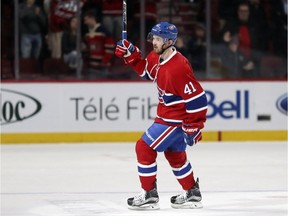 Montreal Canadiens Paul Byron salutes Bell Centre fans after being named one of the three stars following National Hockey League game against the Anaheim Ducks in Montreal Tuesday December 20, 2016.