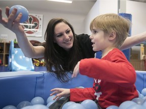 MONTREAL, QUE.: DECEMBER 21, 2016 -- Five-year-old Jackson Lessard with his mother Maude Bourassa at adaptive daycare on Wednesday December 21, 2016. Jackson who is autistic goes to a private centre for early intervention because the waiting lists in the public system are too long. (Pierre Obendrauf / MONTREAL GAZETTE) ORG XMIT: 57835 - 1952