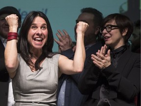 Projet Montréal's leadership candidate Valérie Plante celebrates after winning the leadership race with 51.9 per cent of the vote at the Olympia Theatre in Montreal on Sunday, December 4, 2016.