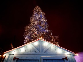 Pedestrians walk past a large, but thin, Christmas tree in Quartier des spectacles Dec. 5, 2016.