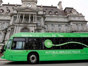 A new electric bus sits outside Montreal city hall on Friday May 15, 2015. The STM has ordered 3 of the new Nova Bus LFSe to service the 36 bus route.