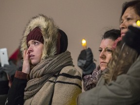 Lauréanne Fontaine, of the organization Femmes Autochtones du Québec, becomes emotional as demonstrators chant "we believe you" during a vigil in support of aboriginal women allegedly abused by police. The rally was in Montreal in November 2016.