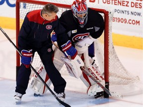 Canadiens goal tending coach Stéphane Waite works with goalie Al Montoya during ractice at the Bell Sports Complex in Montreal on Tuesday Oct. 11, 2016.
