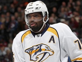 P.K. Subban of the Nashville Predators relaxes during a time out against the Colorado Avalanche on Nov. 29, 2016 in Denver.