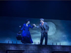 Mary Poppins (Joëlle Lanctôt) takes to the rooftops with Bert (Jean-François Poulin) in the Juste pour rire production.