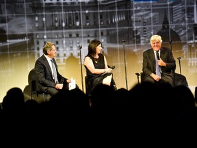 JAY ON STAGE: Centennial chairs Gail Adelson-Marcovitz and Jack Hasen moderate questions with legendary comedian Jay Leno at the Federation CJA 2016 campaign closer and official centennial launch.