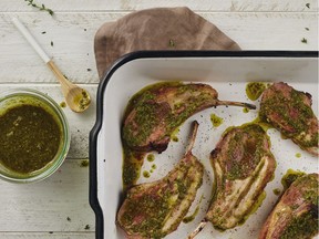Sear, then roast lamb, and serve with a herb sauce.