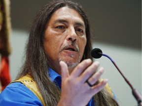 Grand Chief Serge Simon, Mohawk Council of Kanesatake speaks at a Special Chiefs Assembly / Conference on Climate Change and the Environment in Winnipeg, Tuesday, November 29, 2016. Some Manitoba chiefs took part in a ceremonial signing of The Treaty Alliance Against Tar Sands Expansion.