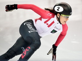 Marianne St-Gelais of St-Félicien competes during the women's 500m qualifying at the ISU World Cup Short Track speed skating event in Shanghai Dec. 9, 2016.