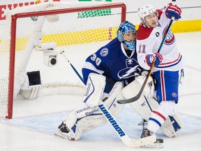 Canadiens' Brendan Gallagher, right, seen jostling with Lightning goalie Ben Biship last season, has been moved to Montreal's top line for Thursday's game.