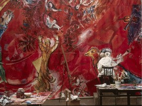 Marc Chagall working on the panels for New York's Metropolitan Opera: The Triumph of Music, 1966 in the Atelier des Gobelins in Paris. Exhibition: Chagall: Colour and Music at the Montreal Museum of Fine Arts