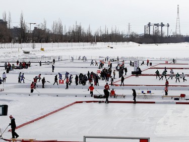 Classique Montrealaise outdoor hockey tournament in Montreal on Sunday, Jan.29, 2017, on the Olympic Basin in Jean-Drapeau Park.