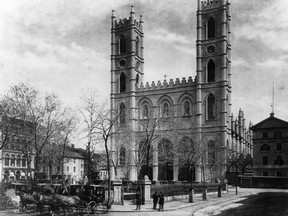 Notre Dame Basilica and Place d'Armes Square, Montreal, QC, about 1870.
