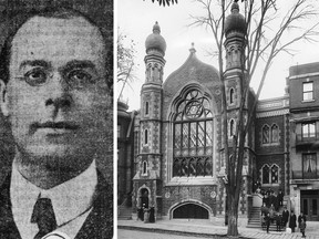 Rabbi Bernard M. Kaplan, shown in an announcement in the San Francisco Call, Aug. 21, 1904, after he left Montreal for California; The Shaar Hashomayim synagogue (circa 1910-11) moved three times. Their second location at 59 McGill College Ave., Montreal, was erected in 1885 and served the community until 1920.