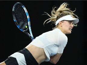 Eugenie Bouchard of Canada serves in her third-round match against Coco Vandeweghe of the United States on day five of the 2017 Australian Open at Melbourne Park on January 20, 2017 in Melbourne, Australia.