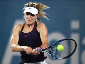 Eugenie Bouchard of Canada plays a backhand in her semi final match against Johanna Konta of Great Britain during day five of the 2017 Sydney International at Sydney Olympic Tennis Centre on January 12, 2017 in Sydney, Australia.