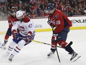 "I don’t regret anything," former Canadien Lars Eller says, shown here battling against Canadiens' Alexander Radulov in Washington on Dec. 17, 2016. "I was really happy to be here. I wish we would have won a Cup while I was here."