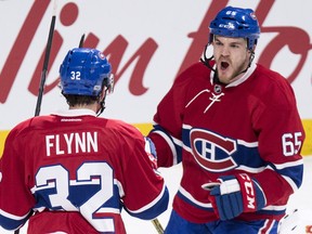 Montreal Canadiens centre Andrew Shaw (right), seen here on Jan. 24, 2017, missed 14 games this season after suffering a concussion during a game against Boston.