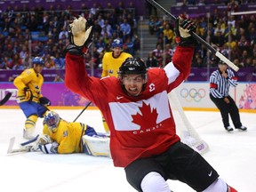 Sidney Crosby of Canada celebrates after scoring his team's second goal in the second period during the Men's Ice Hockey Gold Medal match against Sweden on Day 16 of the 2014 Sochi Winter Olympics at Bolshoy Ice Dome on Feb. 23, 2014, in Sochi, Russia.