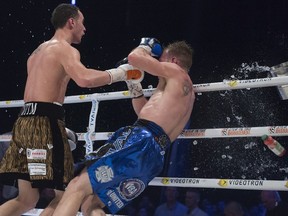 Brandon Cook is taken to the mat after being hit in the face with a metal ice bucket thrown from ring-side after scoring a technical knockout against Steven Butler, left, who was on his way to congratulate him for winning their IBF/WBA light middleweight North American championship boxing match in Montreal on Saturday, Jan.28, 2017.