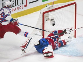 Canadiens goaltender Carey Price makes a save against New York Rangers' Kevin Hayes in Montreal on Saturday, Jan. 14, 2017.