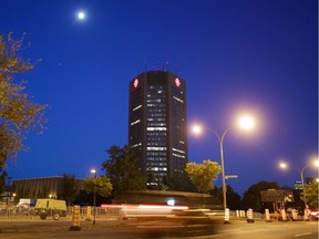 MONTREAL, QUE.: JUNE 16, 2016 -- A nighttime view of the Maison Radio-Canada building on Rene-Levesque boulevard in Montreal on Thursday, June 16, 2016. (Dario Ayala / Montreal Gazette)