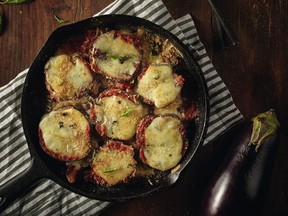 Topping slices of eggplant with tomato sauce and cheese turns this vegetable into comfort food, in a recipe from Patrick Mathieu's Firehouse Chef.