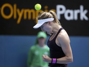 Eugenie Bouchard of Canada yells out while playing China's Shuai Zhang during their women's single's match at the Sydney International tennis tournament in Sydney, Australia, Sunday, Jan. 8, 2017.