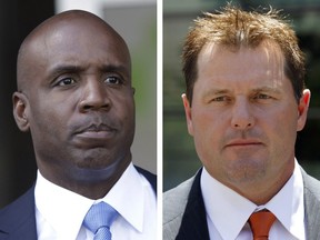 Former San Francisco Giants baseball player Barry Bonds, left, and former Major League baseball pitcher Roger Clemens.