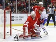 Detroit Red Wings goalie Jared Coreau (31) blocks a Montreal Canadiens shot in the first period of an NHL hockey game Monday, Jan. 16, 2017, in Detroit.