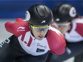 Quebec's Marianne St-Gelais rounds the track during a short track speed skating practice Wednesday, Jan. 11, 2017, in Montreal.