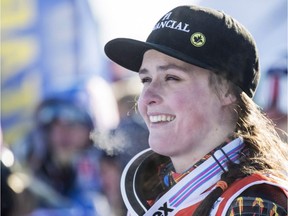Marielle Thompson of Canada smiles after wining the freestyle ski cross World Cup in Idre, Sweden, on Feb. 14, 2016. Thompson of Whistler, B.C., saved her best run for last on Sunday, Jan. 15, 2017, winning gold in women's ski cross, while Calgary's Brady Leman took silver in the men's event at the World Cup.