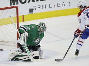 Montreal Canadiens left wing Max Pacioretty (67) scores the game winning goal against Dallas Stars goalie Kari Lehtonen (32) during overtime in an NHL hockey game in Dallas, Wednesday, Jan. 4, 2017.