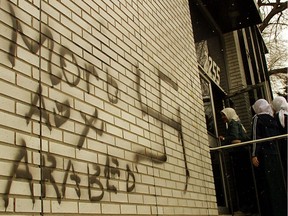 Islamophobia is not new in Quebec. Above, graffiti at a Muslim school in N.D.G.