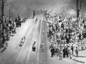 A Notman photograph of tobogganing on Mount Royal Park slide, Montreal, QC, 1885.  Photo: Wm. Notman & Son - © McCord Museum