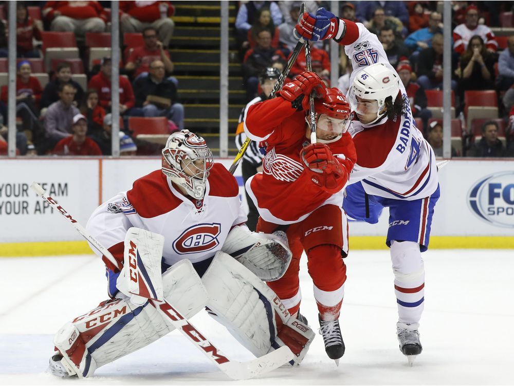 Mark Barberio of the Montreal Canadiens looks to make a pass play