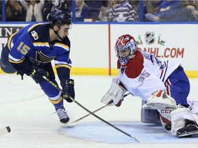 Montreal Canadiens goaltender Al Montoya stops a shot by St. Louis Blues center Robby Fabbri in the first period of an NHL hockey game in St. Louis on Tuesday, Dec. 6, 2016. The Canadiens have signed goaltender Montoya to a two-year contract extension.THE CANADIAN PRESS/AP-Chris Lee/St. Louis Post-Dispatch via AP ORG XMIT: CPT101