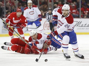 Canadiens centre Phillip Danault carries puck against the Red Wings during first-period action Monday, Jan. 16, 2017, in Detroit.